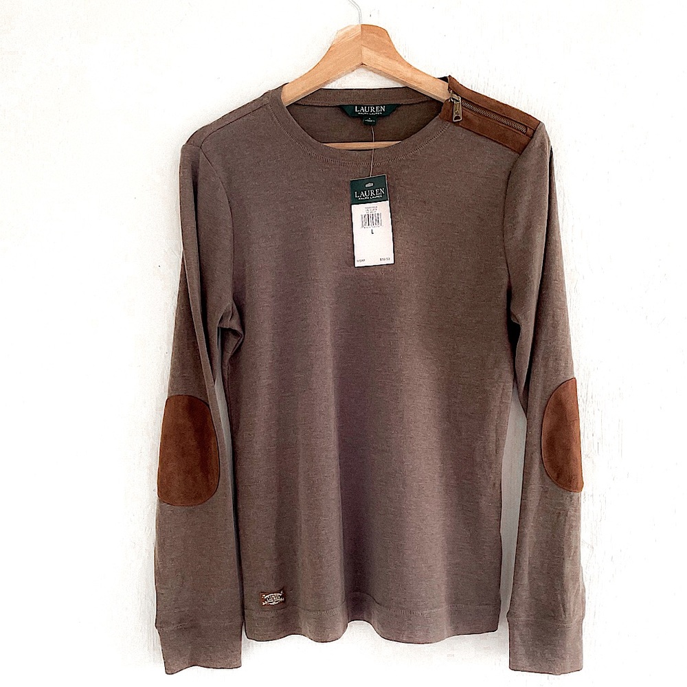 Lauren Ralph Lauren Brown Long Sleeve Top with Suede Elbow Patch Size L